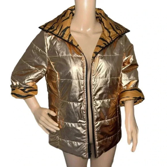 CHICOS ZENERGY Reversible Puffer Jacket Metallic Pink Animal Print Ladys Medium - Picture 3 of 11